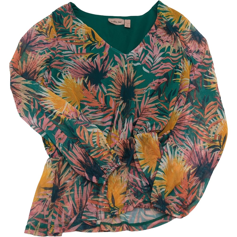 Willow + Root Tropical Palm Mesh V-Neck Peplum Blouse Green Orange Large